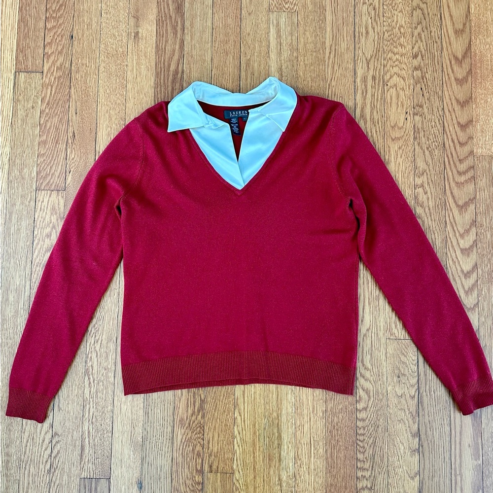 Ralph Lauren Red Cashmere Sweater with Cream Silk Collar